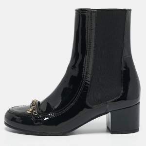 Chanel Black Patent Leather CC Chain Detail Ankle Boots Size 39