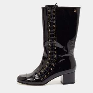 Chanel Black Patent Leather CC Lace Up Mid Calf Boots Size 38.5