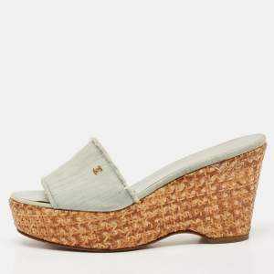 Pre Owned Chanel Light Blue Fabric Raffia Wedge Platform Sandals Size 39