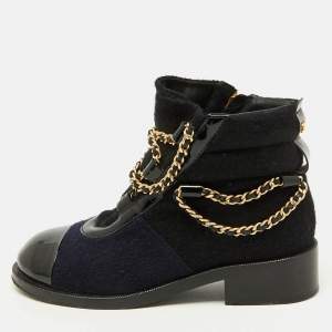 Chanel Black/Blue Tweed and Patent Leather Chain Embellished Boots Size 37