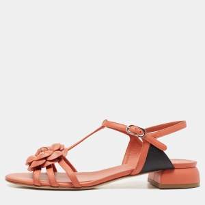 Chanel Orange Leather Camelia Thong Slingback Sandals Size 38.5