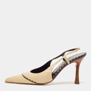 Chanel Beige/Black Leather Slingback Pumps Size 38.5