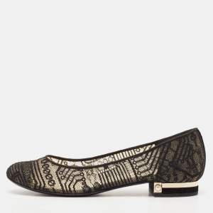 Pre Owned Chanel Black Lace and Suede CC Ballet Flats Size 40.5