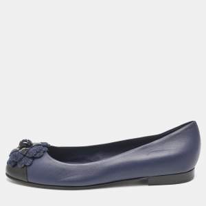 Pre Owned Chanel Navy Blue Leather CC Camellia Ballet Flats Size 38
