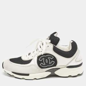 Pre Owned Chanel Black/White Leather and Mesh CC Interlocking Logo Low Top Sneakers Size 37.5