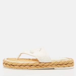 Pre Owned Chanel White Fabric CC Thong Sandals Size 37.5