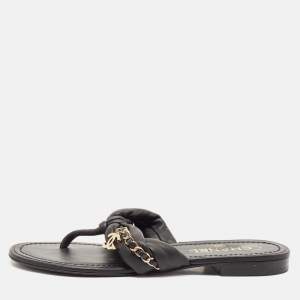 Chanel Black  Braided Leather Chain Detail Flat Thong Sandals Size 38