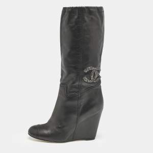 Chanel Black Leather CC Knee Length Boots Size 39.5
