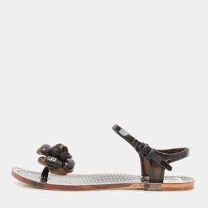 Chanel Black Jelly Camellia Flower Flat Sandals Size 38