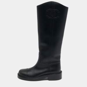 Chanel Black Calf Leather Knee Length Boots Size 38.5