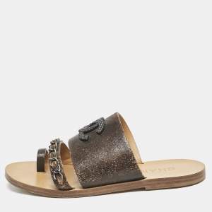 Chanel Brown Textured Leather Chain Link CC Toe Ring Slides Size 36