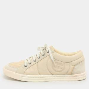 Chanel Beige Canvas and Suede CC Low Top Sneakers Size 38