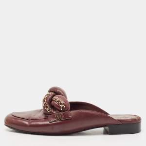 Chanel Burgundy Leather Braided Chain Flat Mules Size 38