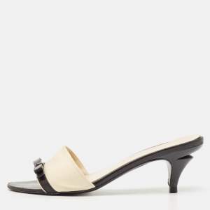 Chanel Cream/Black Leather Bow CC Slide Sandals Size 38.5