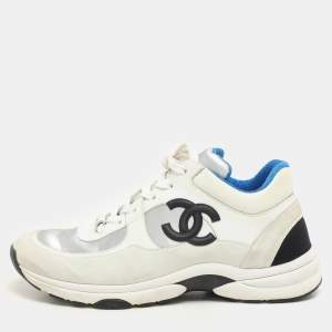 Pre Owned Chanel White/Silver Suede, Fabric and Leather CC Low Top Sneakers Size 38.5