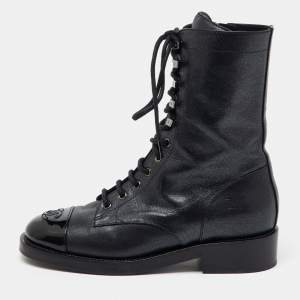 Chanel Black Metallic Leather CC Cap Toe Lace Up Combat Boots Size 38.5