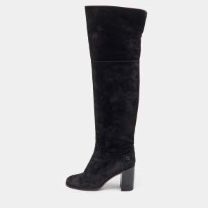 Chanel Black Suede CC Block Heel Knee Length Boots Size 38.5