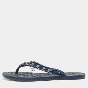 Pre Owned Chanel Navy Blue Suede Chain Link Thong Flats Size 39