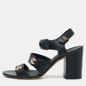 Chanel Black Leather CC Turnlock Ankle Strap Sandals Size 40.5