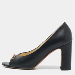 Chanel Black Leather Chain Trim Peep Toe Block Heel  Pumps Size 37 
