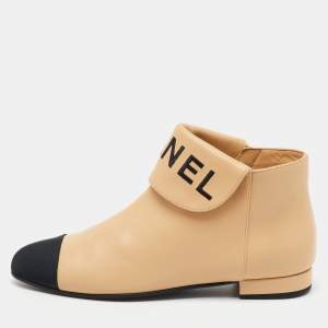 Chanel Beige/Black Leather Logo Ankle Length Boots Size 37