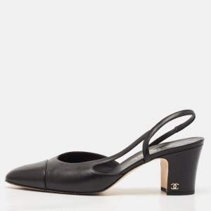 Pre Owned Chanel Black Leather CC Cap Toe Slingback Pumps Size 40.5
