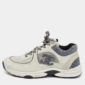 Chanel Grey/Black Suede and Woven Fabric CC Low Top Sneakers Size 39.5