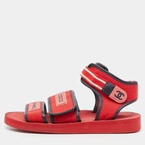 Chanel Red/Black Fabric and Leather Coco Chanel Strap Flat Sandals Size 38