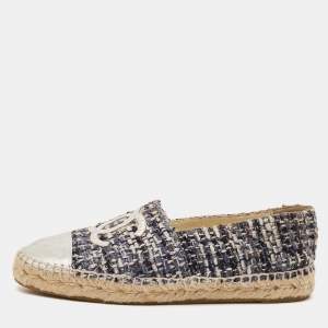 Chanel Silver/Blue Leather And Tweed CC Cap Toe Espadrille Flats Size 38