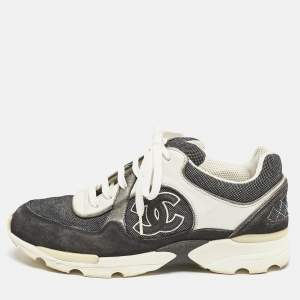 مملوكة مسبقًا Chanel Black/White Suede and Canvas CC Lace Up Sneakers Size 37.5