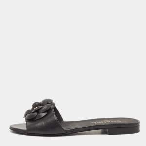 Chanel Black Leather CC Camellia Flat Slides Size 39