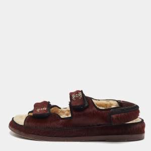 Chanel Burgundy/Black Calfhair CC Dad Flat Sandals Size 38