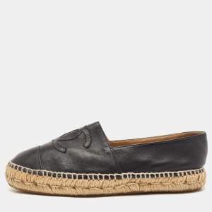 Chanel Black Leather CC Cap Toe Espadrille Flats Size 39