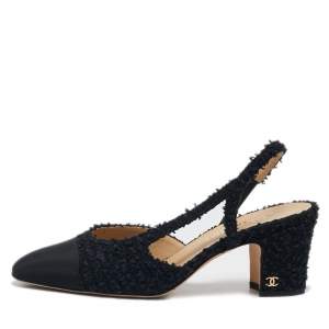 Chanel Black Tweed and Fabric CC Slingback Pumps Size 37.5