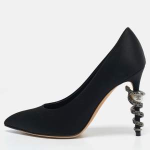 Chanel Black Satin Snake Wrap Heel Pumps Size 37.5