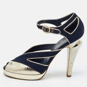 Chanel Navy Blue/Gold Canvas and Leather CC Ankle Strap Sandals Size 40