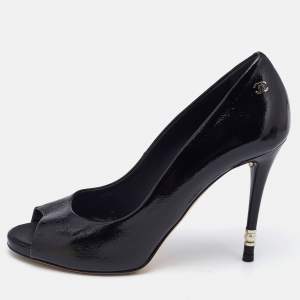 Pre Owned Chanel Black Patent Leather CC Peep Toe Pumps Size 38.5