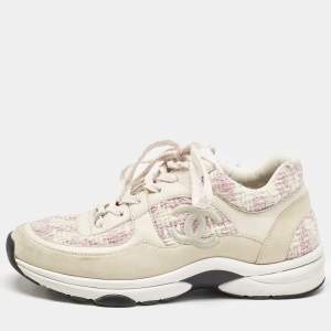 Chanel Cream/Pink Tweed and Leather CC Low Top Sneakers Size 36.5