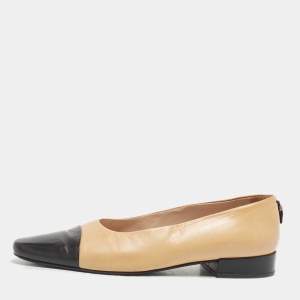 Pre Owned Chanel Beige/Black Leather CC Bow Cap Toe Ballet Flats Size 37
