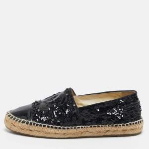 مملوكة مسبقًا Chanel Black Patent Leather and Sequins CC Cap Toe Espadrilles Flats Size 39