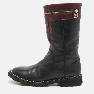 Chanel Black/Burgundy Quilted Leather Motorcycle Boots Size 39.5