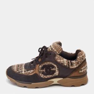 Chanel Brown/Beige Tweed and Leather CC Low Top Sneakers Size 39