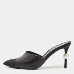 Chanel Black Canvas and Leather CC Pearl Heel Mules Size 36.5