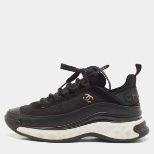 Pre Owned Chanel Black Suede Leather And Fabric CC Lace Up Sneakers Size 38