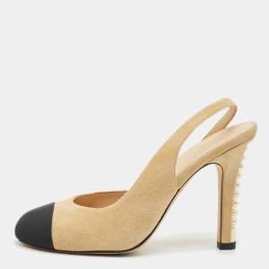 Chanel Beige/Black Canvas and Suede CC Cap Toe Pearl Slingback Pumps Size 39