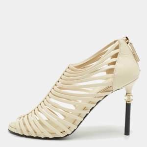 Chanel Off White Leather CC Caged Booties Size 38