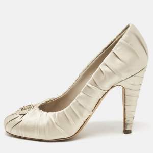 Chanel Light Grey Ruched Satin CC Pumps Size 37.5