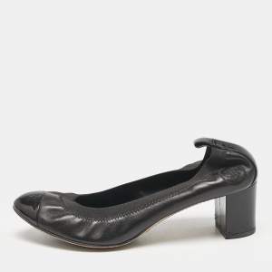 Chanel Black Leather Cap Toe Scrunch Block Heel Pumps Size 39
