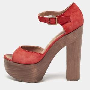 Chanel Red Suede and Wood Block Heel Platform Ankle Strap Sandals Size 38