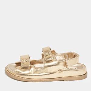 Pre Owned Chanel Metallic Rose Gold Leather CC Dad Velcro Flat Sandals Size 39